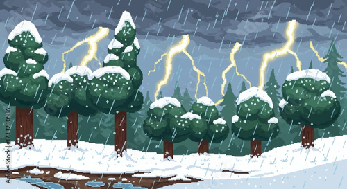 Winter forest with snow-covered trees and lightning strikes.