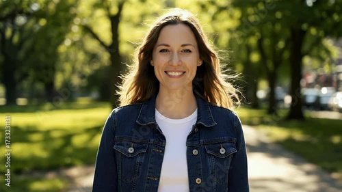 Happy woman smiling outdoors in a sunlit park, radiating positive energy and natural beauty.
