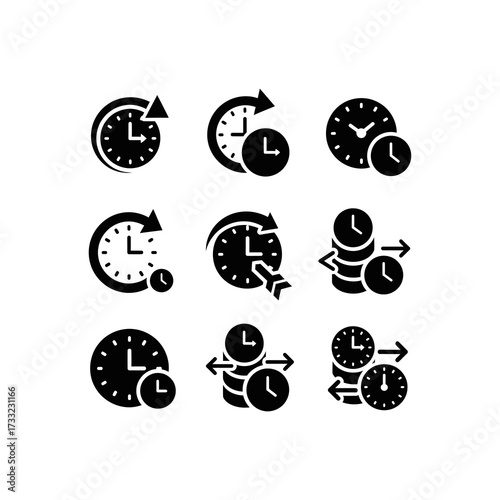 Four stylized clock icons showing reload, reset, and circular time flow, with different symbols.