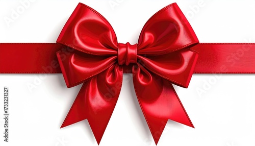 A glossy, bright red ribbon tied into a decorative bow against a white background