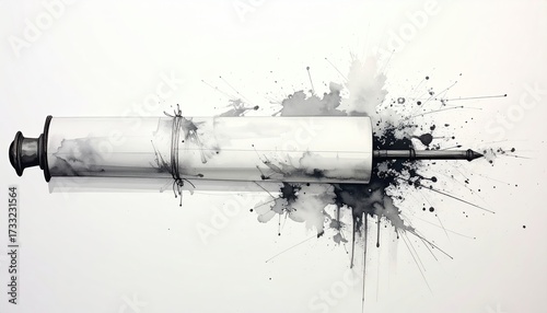 Illustration of a syringe spewing ink, contrasting white and black watercolor