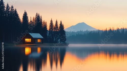 Serene Cabin Reflection at Dawn in Lake with Mountains and Pine Trees in Soft Light