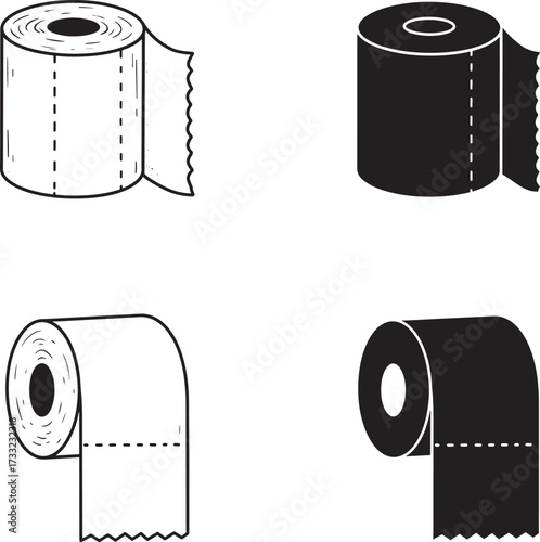 Toilet Paper Roll Illustrations in Black and White Line Art Style