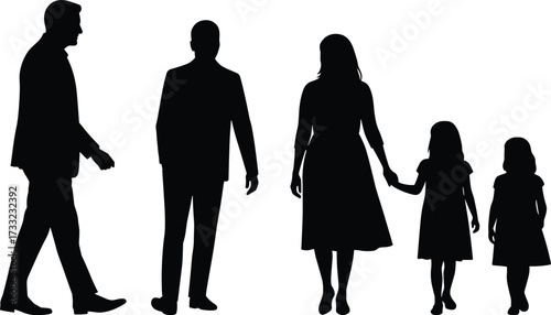 Silhouette of family with father, mother, two daughters, walking together holding hands, parenthood, unity, lifestyle, love, relationship concept