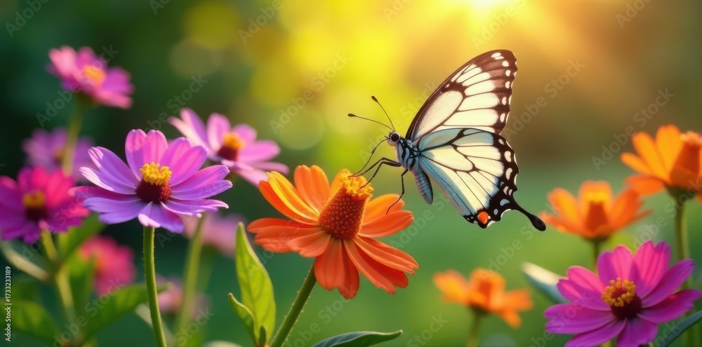 Naklejka premium Vibrant butterflies flitting among colorful blooms in a sunlit garden , image, butterflies