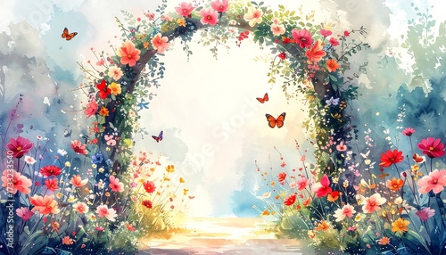 Watercolor painting of a floral archway with butterflies, creating a vibrant garden scene