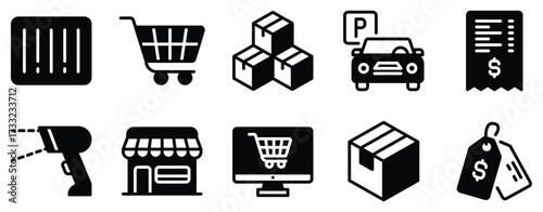 Supermarket icon solid mix style vector glyph for retail aisles carts and checkout minimal pictogram for ecommerce apps dashboards and store maps