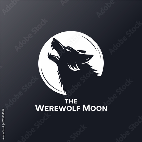 werewolf moon silhouette, night sky circle, howling wolf head, spooky mascot emblem, dark gothic logo, vector illustration