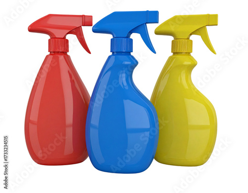 Three Vibrant 3D Spray Bottles, Front View, isolated on transparent background PNG