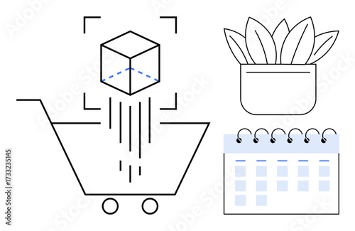 Shopping cart with augmented reality cube, a simple potted plant, and a calendar. Ideal for e-commerce, technology, growth, planning, organization retail and eco-friendly themes. A simple flat