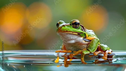 Wallpaper Mural Vibrant Green Tree Frog Perched on Glass Bowl with Blurry Bokeh Background. Torontodigital.ca