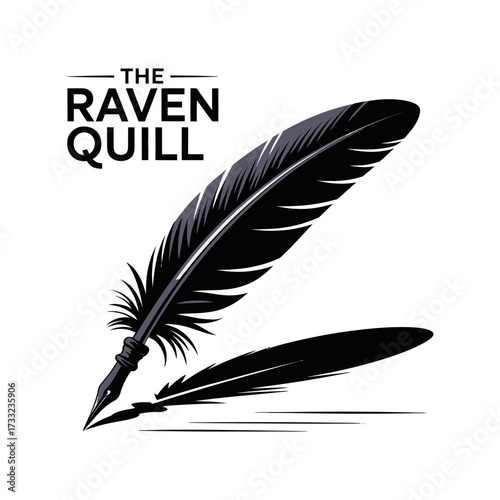 raven quill feather logo, ink drop base, literary gothic branding, classic pen symbol, creative writing studio, vector design