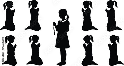 Silhouette of girl praying with rosary, kneeling in worship, Christian faith, devotion, prayer child, religion illustration, holy spiritual meditation