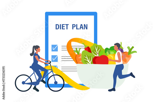 Diet plan concept. People do exercise and planning diet with healthy food. Concept of dietary eating, meal planning, nutrition consultation. 
