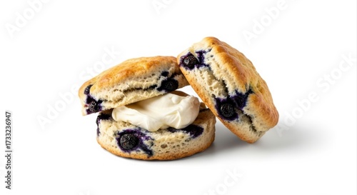 Rustic Blueberry Scones with Clotted Cream, Natural Studio Light, Isolated on White