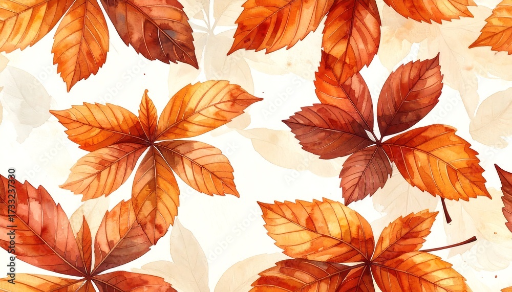 Fototapeta premium Watercolor pattern of autumn leaves, various shades of orange and brown, on a cream background