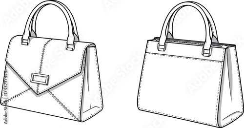 Handbag fashion technical drawing, front and back view, line art illustration, accessory design sketch, leather bag blueprint, sewing pattern, stylish purse outline, vector artwork