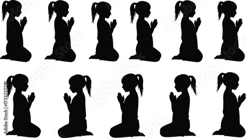 Silhouette of girl praying, child in prayer position, faith, spirituality, meditation, religion, devotion, hope, belief, peace, worship, silhouette