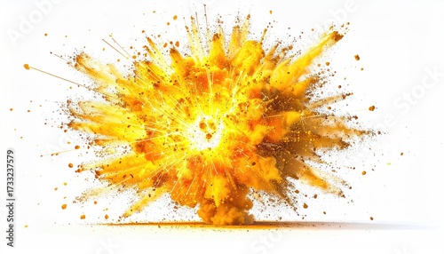 A bright yellow and orange burst with particles, shown against a white background