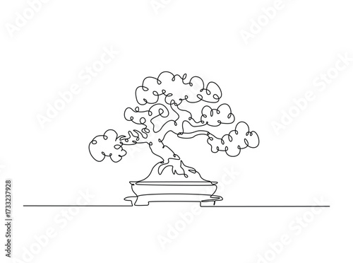 Beautiful bonsai tree art in single outline illustration. Continuous line art drawing of bonsai tree in pot.