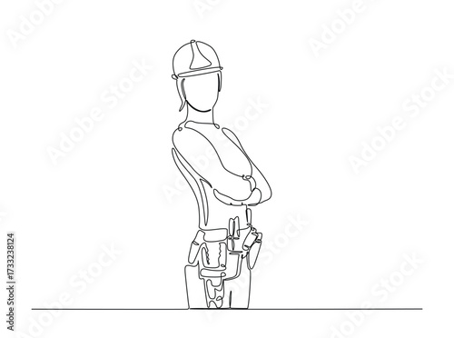Female carpenter in single outline illustration. Continuous line art drawing of female engineer, industrial concept. Editable stroke.