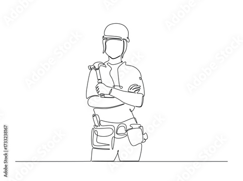 Female carpenter in single outline illustration. Continuous line art drawing of female engineer, industrial concept. Editable stroke.