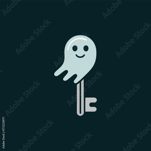 ghost key icon, cute spirit head, security concept logo, paranormal theme, playful horror branding, teal night background