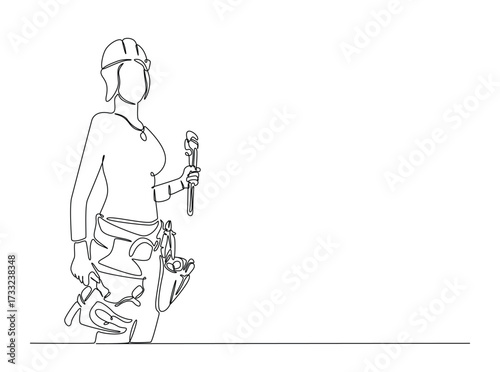 Female carpenter in single outline illustration. Continuous line art drawing of female engineer, industrial concept. Editable stroke.