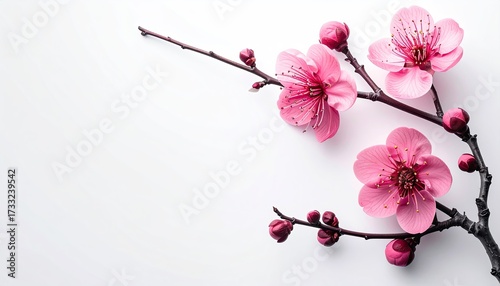 Delicate pink blooms adorn a slender branch against a clean white backdrop