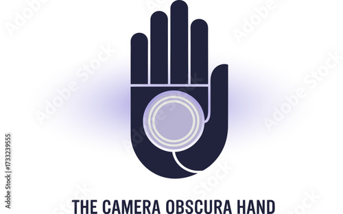 open hand with lens circle, camera obscura concept, creative photography mark, mindful protection emblem, modern vector