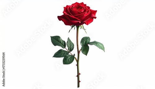 Vibrant red rose with green stem and leaves against a clean white backdrop