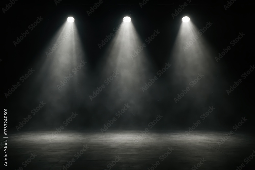Obraz premium Three bright spotlights reveal empty stage with faint haze and deep black background theatrical mood