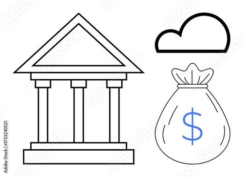 Bank building with pillars, money bag marked with a dollar sign, and cloud icon. Ideal for banking, finance, savings, cloud services, fintech economy digital transactions. A simple flat metaphor