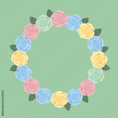 Circular Floral Frame with Pastel Roses and Leaves Vector Illustration