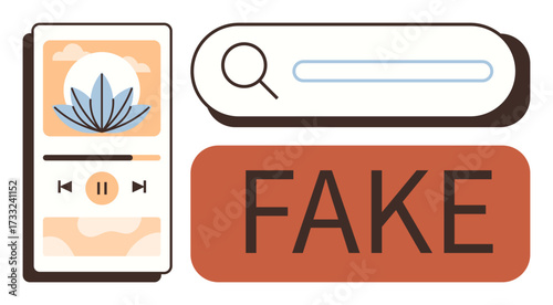 Mobile music player, search bar, and bold FAKE text highlight misinformation and digital media fact-checking. Ideal for authenticity, digital literacy, data accuracy themes. Simple flat metaphor