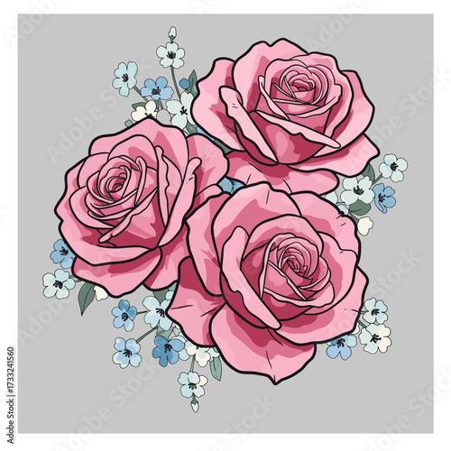 Elegant Pink Roses and Blue Forget-Me-Nots Floral Vector Illustration on Gray Background