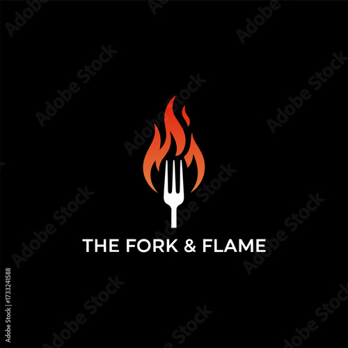 The fork and flame emblem, burning utensil silhouette, bold culinary identity, dark background, steakhouse barbecue branding vector