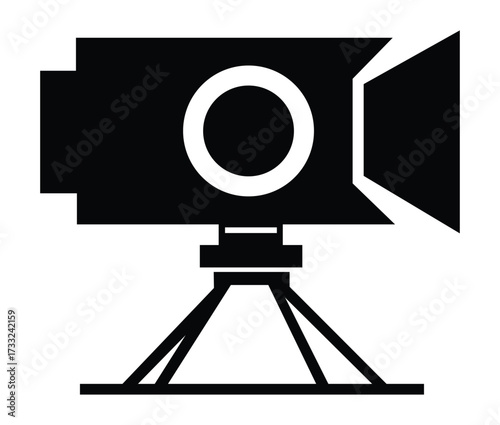 Vintage movie camera logo silhouette on tripod film production video icon for cinema studio broadcasting or videography