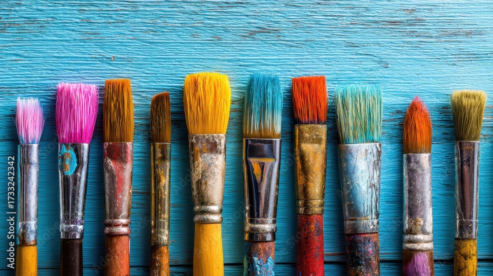 Fototapeta premium Colorful Paint Brushes on Bright Blue Wooden Table Surface