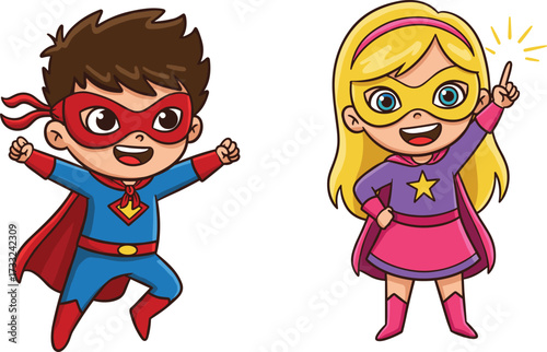 Cartoon superhero kids, flying children, fantasy costumes, heroic play, comic style, empowerment art, adventure design, playful characters, creative illustration, dynamic action