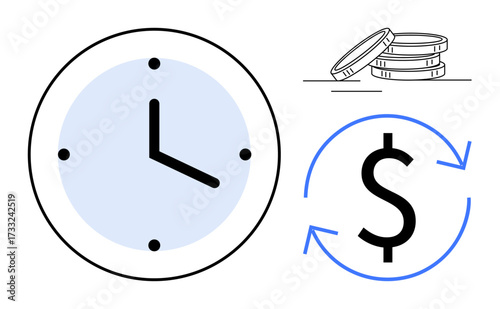 Clock face, dollar sign with arrows, stack of coins highlight time value, saving, financial planning. Ideal for time management, investment, saving, wealth productivity budgeting simple flat