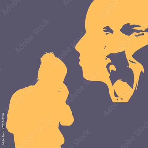 Abused young woman trying to hide. Stop violence against women. Family scandal, domestic violence and abuse. Crying woman harassed by her partner. Aggressive husband blaming and threatening his wife.