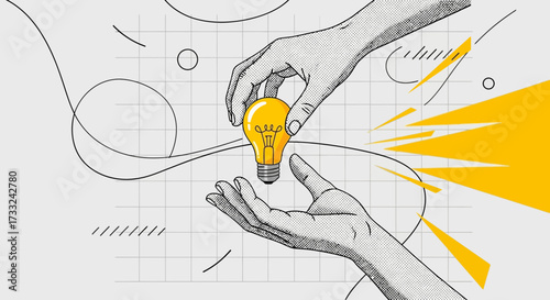 Illustration of one hand giving a glowing lightbulb to another, symbolizing sharing ideas and innovation.