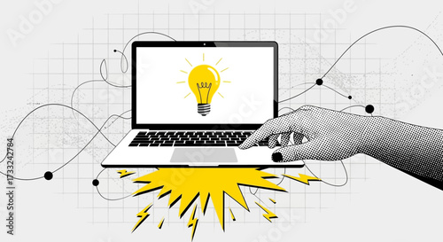 A laptop displaying a glowing lightbulb, symbolizing a bright idea or innovation, with a hand reaching towards the keyboard and abstract graphical elements in the background.