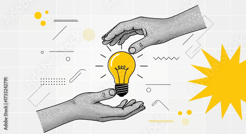 Hands passing a glowing lightbulb, symbolizing the sharing of ideas and innovation.