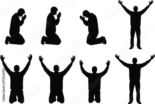 Silhouette of people praying, worshiping, kneeling, raising hands, spiritual devotion, religious poses, emotional expression, black vector icons, faith illustration, sacred moment