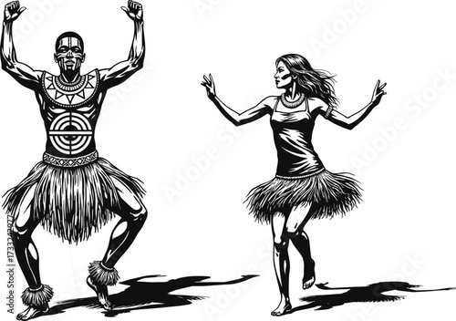 Traditional tribal dance illustration, cultural expression, ethnic costume, rhythmic movement, native heritage, black and white vector art, ceremonial performance, indigenous celebration, dynamic pose
