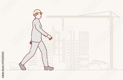 Walking architect at building site. Confident construction manager wearing hardhat. Successful mature civil engineer at construction site. Project management, engineering and safety inspection.