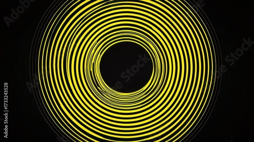A series of concentric circles in alternating black and neon yellow create an optical illusion of depth,