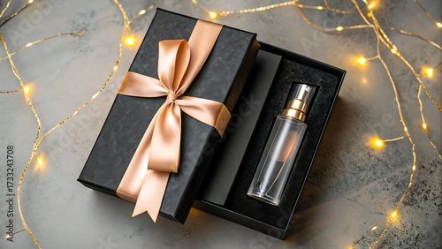 Luxury perfume bottle in elegant black gift box with pink ribbon

